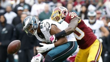 Oct 4, 2015; Landover, MD, USA; Washington Redskins strong safety Kyshoen Jarrett (30) breaks up a pass intended for Philadelphia Eagles wide receiver Jordan Matthews (81) in the third quarter at FedEx Field. The Redskins won 23-20. Mandatory Credit: Geoff Burke-USA TODAY Sports