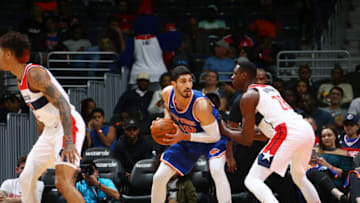 WASHINGTON, DC - OCTOBER 6: Enes Kanter #00 of the New York Knicks handles the ball against the Washington Wizards during the preseason game on October 6, 2017 at Capital One Arena in Washington, DC. Copyright 2017 NBAE (Photo by Ned Dishman/NBAE via Getty Images)