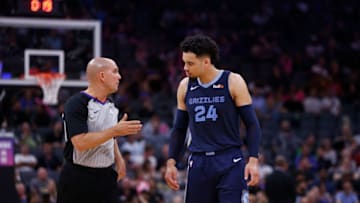 SACRAMENTO, CA - OCTOBER 24: Dillon Brooks (right) #24 of the Memphis Grizzlies talks to referee Jacyn Goble #68 during the game against the Sacramento Kings at Golden 1 Center on October 24, 2018 in Sacramento, California. (Photo by Lachlan Cunningham/Getty Images)