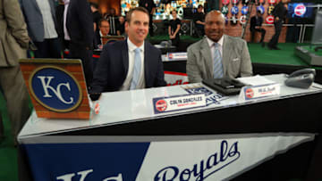 Kansas City Royals team reps Colin Gonzalez and Bo Jackson pose for a photo prior to the 2018 Major League Baseball Draft (Photo by Alex Trautwig/MLB Photos via Getty Images)