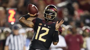 TALLAHASSEE, FL - SEPTEMBER 03: Deondre Francois #12 of the Florida State Seminoles throws a pass in the first quarter of the game against the Virginia Tech Hokies at Doak Campbell Stadium on September 3, 2018 in Tallahassee, Florida. (Photo by Joe Robbins/Getty Images)