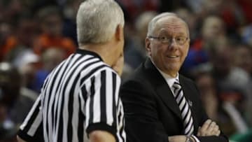 Mar 22, 2014; Buffalo, NY, USA; Syracuse Orange head coach Jim Boeheim talks to the referee in the first half of a men