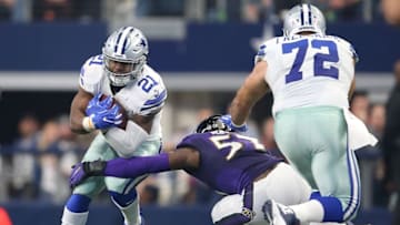 Nov 20, 2016; Arlington, TX, USA; Dallas Cowboys running back Ezekiel Elliott (21) runs with the ball against Baltimore Ravens linebacker C.J. Mosely (57) in the second quarter at AT&T Stadium. Mandatory Credit: Matthew Emmons-USA TODAY Sports
