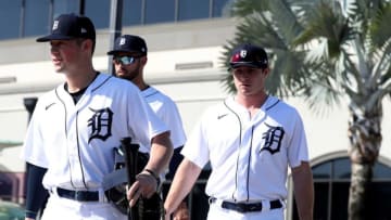 (From left) Tigers prospects Spencer Torkelson, Riley Greene and Colt Keith take the field for workouts during spring training Minor League minicamp Monday, Feb. 21, 2022 at Tiger Town in Lakeland, Florida.Tigers5