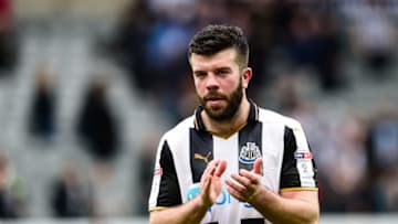 NEWCASTLE, ENGLAND - APRIL 1: Grant Hanley of Newcastle United (05) claps the fans during the Sky Bet Championship match between Newcastle United and Wigan Athletic at St.James' Park on April 1, 2017 in Newcastle upon Tyne, England. (Photo by Serena Taylor/Newcastle United via Getty Images)