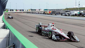 Jul 10, 2016; Newton, IA, USA; Verizon Indy Car driver Helio Castroneves (3) heads into turn three during the Iowa Corn 300 at Iowa Speedway. Mandatory Credit: Jeffrey Becker-USA TODAY Sports