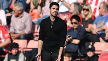 Arsenal's Spanish manager Mikel Arteta gestures on the touchline during the English Premier League football match between Southampton and Arsenal at St Mary's Stadium in Southampton, southern England on April 16, 2022. - RESTRICTED TO EDITORIAL USE. No use with unauthorized audio, video, data, fixture lists, club/league logos or 'live' services. Online in-match use limited to 120 images. An additional 40 images may be used in extra time. No video emulation. Social media in-match use limited to 120 images. An additional 40 images may be used in extra time. No use in betting publications, games or single club/league/player publications. (Photo by Daniel LEAL / AFP) / RESTRICTED TO EDITORIAL USE. No use with unauthorized audio, video, data, fixture lists, club/league logos or 'live' services. Online in-match use limited to 120 images. An additional 40 images may be used in extra time. No video emulation. Social media in-match use limited to 120 images. An additional 40 images may be used in extra time. No use in betting publications, games or single club/league/player publications. / RESTRICTED TO EDITORIAL USE. No use with unauthorized audio, video, data, fixture lists, club/league logos or 'live' services. Online in-match use limited to 120 images. An additional 40 images may be used in extra time. No video emulation. Social media in-match use limited to 120 images. An additional 40 images may be used in extra time. No use in betting publications, games or single club/league/player publications. (Photo by DANIEL LEAL/AFP via Getty Images)