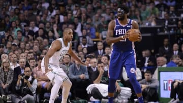 BOSTON, MA - MAY 9: Joel Embiid #21 of the Philadelphia 76ers handles the ball during the game against the Boston Celtics in Game Five of the Eastern Conference Semifinals of the 2018 NBA Playoffs on May 9, 2018 at TD Garden in Boston, Massachusetts. NOTE TO USER: User expressly acknowledges and agrees that, by downloading and or using this Photograph, user is consenting to the terms and conditions of the Getty Images License Agreement. Mandatory Copyright Notice: Copyright 2018 NBAE (Photo by David Dow/NBAE via Getty Images)