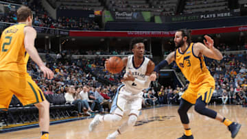 MEMPHIS, TN - MARCH 9: Kobi Simmons #2 of the Memphis Grizzlies handles the ball against the Utah Jazz on March 9, 2018 at FedExForum in Memphis, Tennessee. NOTE TO USER: User expressly acknowledges and agrees that, by downloading and or using this photograph, User is consenting to the terms and conditions of the Getty Images License Agreement. Mandatory Copyright Notice: Copyright 2018 NBAE (Photo by Joe Murphy/NBAE via Getty Images)