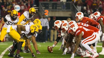 Nov 29, 2014; Madison, WI, USA; The Wisconsin Badgers line up for a play during the game against the Minnesota Golden Gophers at Camp Randall Stadium. Wisconsin won 34-24. Mandatory Credit: Jeff Hanisch-USA TODAY Sports