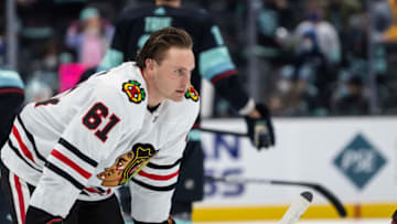 Jan 17, 2022; Seattle, Washington, USA; Chicago Blackhawks defenseman Riley Stillman (61) is pictured before a game against the Seattle Kraken at Climate Pledge Arena. Mandatory Credit: Stephen Brashear-USA TODAY Sports