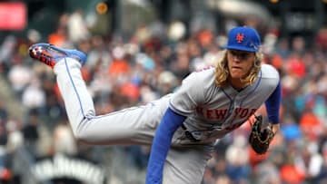 Aug 21, 2016; San Francisco, CA, USA; New York Mets starting pitcher Noah Syndergaard (34) throws to the San Francisco Giants in the first inning of their MLB baseball game at AT&T Park. Mandatory Credit: Lance Iversen-USA TODAY Sports
