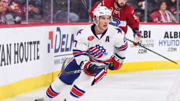 LAVAL, QC - APRIL 04: Rochester Americans defenceman Taylor Fedun (27) skates behind the net during the Rochester Americans versus the Laval Rocket game on April 4, 2018, at Place Bell in Laval, QC (Photo by David Kirouac/Icon Sportswire via Getty Images)