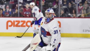 LAVAL, QC - OCTOBER 04: Goaltender Cayden Primeau #31 of the Laval Rocket protects the net during warm-up prior to the game against the Cleveland Monsters at Place Bell on October 4, 2019 in Laval, Canada. The Cleveland Monsters defeated the Laval Rocket 3-2. (Photo by Minas Panagiotakis/Getty Images)