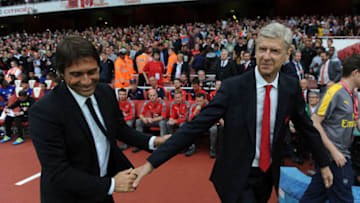 LONDON, ENGLAND - SEPTEMBER 24: Arsene Wenger the Manager of Arsenal shakes hands with Antonio Conte the Chelsea Manager before the Premier League match between Arsenal and Chelsea at Emirates Stadium on September 24, 2016 in London, England. (Photo by David Price/Arsenal FC via Getty Images)