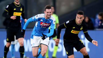 NAPLES, ITALY - JANUARY 06: Lautaro Martínez of FC Internazionale competes for the ball with Fabian Ruiz of SSC Napoli during the Serie A match between SSC Napoli and FC Internazionale at Stadio San Paolo on January 6, 2020 in Naples, Italy. (Photo by MB Media/Getty Images)