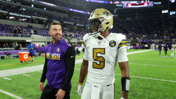 NFL DraftKings: MINNEAPOLIS, MN - OCTOBER 28: Andrew Sendejo #34 of the Minnesota Vikings greets former teammate Teddy Bridgewater #5 of the New Orleans Saints after the game at U.S. Bank Stadium on October 28, 2018 in Minneapolis, Minnesota. The Saints defeated the Vikings 30-20. (Photo by Adam Bettcher/Getty Images)