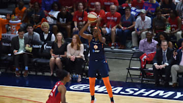 WASHINGTON, DC - OCTOBER 1: Jonquel Jones #35 of the Connecticut Sun shoots three point basket against the Washington Mystics during Game 2 of the 2019 WNBA Finals on October 1, 2019 at the St. Elizabeths East Entertainment and Sports Arena in Washington, DC. NOTE TO USER: User expressly acknowledges and agrees that, by downloading and or using this photograph, User is consenting to the terms and conditions of the Getty Images License Agreement. Mandatory Copyright Notice: Copyright 2019 NBAE (Photo by Rich Kessler/NBAE via Getty Images)