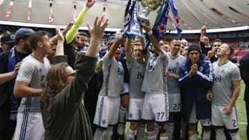 Oct 23, 2016; Vancouver, British Columbia, CAN; Vancouver Whitecaps FC players celebrate after winning the Cascadia cup with a 4-1 victory against the Portland Timbers at BC Place. Mandatory Credit: Joe Nicholson-USA TODAY Sports