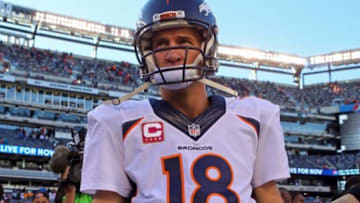 Oct 12, 2014; East Rutherford, NJ, USA; Denver Broncos quarterback Peyton Manning (18) after the game against the New York Jets at MetLife Stadium. The Broncos defeated the Jets 31-17. Mandatory Credit: Adam Hunger-USA TODAY Sports