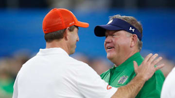 Dec 29, 2018; Arlington, TX, United States; Clemson Tigers head coach Dabo Swinney (left) greets Notre Dame Fighting Irish head coach Brian Kelly before 2018 Cotton Bowl college football playoff semifinal game at AT&T Stadium. Mandatory Credit: Tim Heitman-USA TODAY Sports