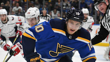 ST. LOUIS, MO - April 02: St. Louis Blues center Brayden Schenn (10) during a NHL game between the Washington Capitals and the St. Louis Blues on April 02, 2018, at Scottrade Certer, St. Louis, MO. Washington won, 4-2.(Photo by Keith Gillett/Icon Sportswire via Getty Images).