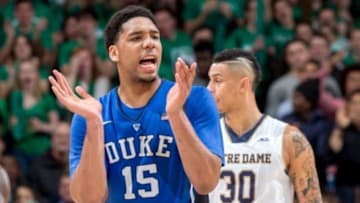 Jan 28, 2015; South Bend, IN, USA; Duke Blue Devils center Jahlil Okafor (15) reacts in the second half against the Notre Dame Fighting Irish at the Purcell Pavilion. Notre Dame won 77-73. Mandatory Credit: Matt Cashore-USA TODAY Sports