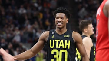 Feb 1, 2023; Salt Lake City, Utah, USA; Utah Jazz guard Ochai Agbaji (30) reacts to a play against the Toronto Raptors in the fourth quarter at Vivint Arena. Mandatory Credit: Rob Gray-USA TODAY Sports