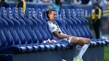 CARSON, CA - OCTOBER 28: Zlatan Ibrahimovic #9 of Los Angeles Galaxy sits alone on the bench after their 3-2 loss to the Houston Dynamo in their MLS match at StubHub Center on October 28, 2018 in Carson, California. The Galaxy loss leaves them out of this year's playoffs. (Photo by Victor Decolongon/Getty Images)