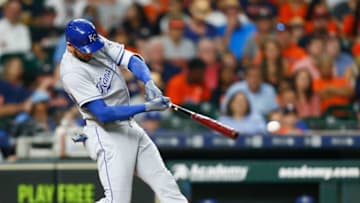 HOUSTON, TX - JUNE 22: Paulo Orlando #16 of the Kansas City Royals lines out in the sixth inning against the Houston Astros at Minute Maid Park on June 22, 2018 in Houston, Texas. (Photo by Bob Levey/Getty Images)