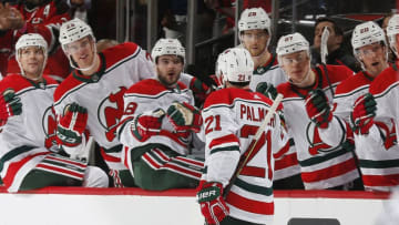 NEWARK, NJ - DECEMBER 20: Kyle Palmieri #21 of the New Jersey Devils celebrates his first period goal during the game against the Washington Capitals at the Prudential Center on December 20, 2019 in Newark, New Jersey. (Photo by Andy Marlin/NHLI via Getty Images)