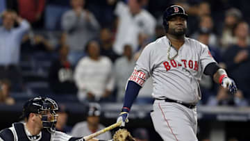 Sep 27, 2016; Bronx, NY, USA; Boston Red Sox designated hitter David Ortiz (34) reacts to striking out to end the game against the New York Yankees at Yankee Stadium. Mandatory Credit: Adam Hunger-USA TODAY Sports