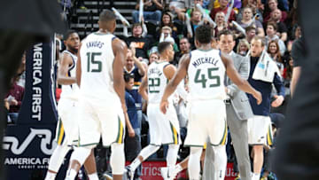 SALT LAKE CITY, UT - NOVEMBER 11: Utah Jazz reacts against the Brooklyn Nets on November 11, 2017 at Vivint Smart Home Arena in Salt Lake City, Utah. NOTE TO USER: User expressly acknowledges and agrees that, by downloading and or using this Photograph, User is consenting to the terms and conditions of the Getty Images License Agreement. Mandatory Copyright Notice: Copyright 2017 NBAE (Photo by Melissa Majchrzak/NBAE via Getty Images)