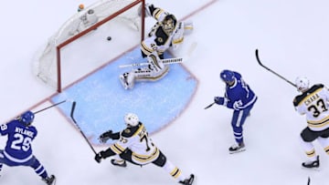 TORONTO, ON - APRIL 23: William Nylander #29 of the Toronto Maple Leafs fires a shot past Tuukka Rask #40 of the Boston Bruins in Game Six of the Eastern Conference First Round in the 2018 Stanley Cup Play-offs at the Air Canada Centre on April 23, 2018 in Toronto, Ontario, Canada. The Maple Leafs defeated the Bruins 3-1.(Photo by Claus Andersen/Getty Images) *** Local Caption *** William Nylander; Tuukka Rask
