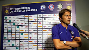 SINGAPORE - JULY 25: Antonio Conte Manager of Chelsea speaks to the media prior to kick off during the International Champions Cup match between Bayern Munich and Chelsea FC and FC Bayern Munich at National Stadium on July 25, 2017 in Singapore. (Photo by Stanley Chou/Getty Images for ICC)