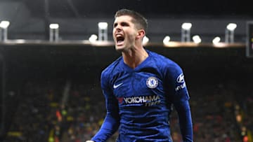 WATFORD, ENGLAND - NOVEMBER 02: Christian Pulisic of Chelsea celebrates after scoring his team's second goal during the Premier League match between Watford FC and Chelsea FC at Vicarage Road on November 02, 2019 in Watford, United Kingdom. (Photo by Darren Walsh/Chelsea FC via Getty Images)