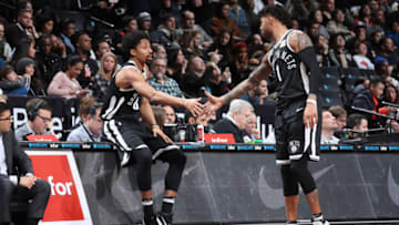 BROOKLYN, NY - MARCH 21: Spencer Dinwiddie #8 and D'Angelo Russell #1 of the Brooklyn Nets during the game against the Charlotte Hornets on March 21, 2018 at Barclays Center in Brooklyn, New York. NOTE TO USER: User expressly acknowledges and agrees that, by downloading and/or using this photograph, user is consenting to the terms and conditions of the Getty Images License Agreement. Mandatory Copyright Notice: Copyright 2018 NBAE (Photo by Nathaniel S. Butler/NBAE via Getty Images)