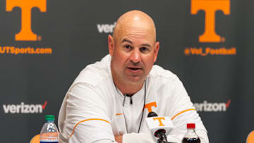 KNOXVILLE, TN - APRIL 21: Tennessee Volunteers head coach Jeremy Pruitt answers questions from the media after the Tennessee spring game on April 21, 2018, at Neyland Stadium in Knoxville, TN. (Photo by Bryan Lynn/Icon Sportswire via Getty Images)