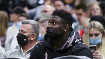 Nov 27, 2021; Salt Lake City, Utah, USA; New Orleans Pelicans forward Zion Williamson (1) watches from the bench in street clothes as his team plays the Utah Jazz at Vivint Arena. Mandatory Credit: Rob Gray-USA TODAY Sports