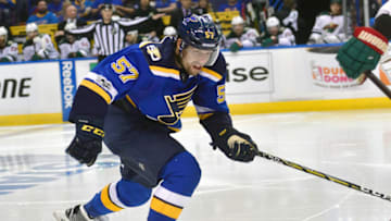 ST. LOUIS, MO. - APRIL 16: St. Louis Blues rightwing David Perron (57) during game 3 of the first round of the 2017 Stanley Cup Playoffs between the Minnesota Wild and the St. Louis Blues on April 16, 2017, at Scottrade Center in St. Louis, MO. (Photo by Keith Gillett/Icon Sportswire via Getty Images)