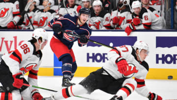 COLUMBUS, OH - DECEMBER 21: Gustav Nyquist #14 of the Columbus Blue Jackets skates against the New Jersey Devils on December 21, 2019 at Nationwide Arena in Columbus, Ohio. (Photo by Jamie Sabau/NHLI via Getty Images)