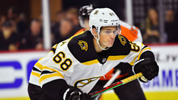 PHILADELPHIA, PA - SEPTEMBER 19: Bruins C Jack Studnicka (68) chases the puck after a faceoff in the first period during the game between the Boston Bruins and Philadelphia Flyers on September 19, 2019 at Wells Fargo Center in Philadelphia, PA. (Photo by Kyle Ross/Icon Sportswire via Getty Images)