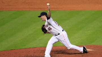 Jun 17, 2013; Houston, TX, USA; Houston Astros starting pitcher Wade LeBlanc (46) pitches against the Chicago White Sox during the ninth inning at Minute Maid Park. The White Sox won 4-2. Mandatory Credit: Thomas Campbell-USA TODAY Sports