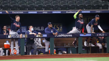 ARLINGTON, TEXAS - OCTOBER 18: The Atlanta Braves celebrate against the Los Angeles Dodgers (Photo by Rob Carr/Getty Images)
