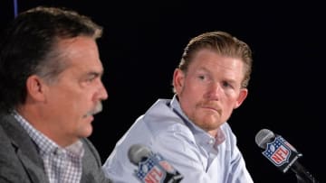 Apr 26, 2016; Los Angeles, CA, USA; Los Angeles Rams coach Jeff Fisher (left) and general manager Les Snead at press conference prior to the 2016 NFL Draft at the Courtyard Los Angeles L.A. Live. Mandatory Credit: Kirby Lee-USA TODAY Sports
