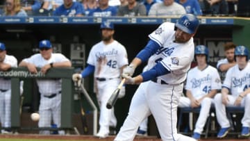 KANSAS CITY, MO - JUNE 25: Lucas Duda #21 of the Kansas City Royals hits a RBI single in the fourth inning against the Los Angeles Angels of Anaheim at Kauffman Stadium on June 25, 2018 in Kansas City, Missouri. Players are wearing #42 in honor of Jackie Robinson Day. (Photo by Ed Zurga/Getty Images)