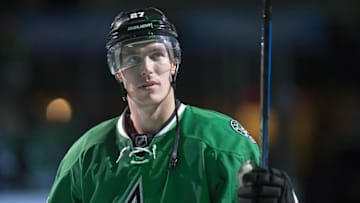 Oct 13, 2016; Dallas, TX, USA; Dallas Stars right wing Adam Cracknell (27) is named the number two star in the game against the Anaheim Ducks at the American Airlines Center. The Stars defeat the Ducks 4-2. Mandatory Credit: Jerome Miron-USA TODAY Sports