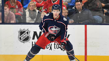 COLUMBUS, OH - OCTOBER 20: Scott Harrington #4 of the Columbus Blue Jackets skates against the Chicago Blackhawks on October 20, 2018 at Nationwide Arena in Columbus, Ohio. Chicago defeated Columbus 4-1. (Photo by Jamie Sabau/NHLI via Getty Images)