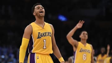Mar 1, 2016; Los Angeles, CA, USA; Los Angeles Lakers guard D Angelo Russell (1) reacts during the fourth quarter against the Brooklyn Nets at Staples Center. The Los Angeles Lakers won 107-101. Mandatory Credit: Kelvin Kuo-USA TODAY Sports