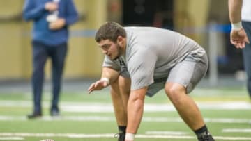 Mar 20, 2014; Notre Dame, IN, USA; Notre Dame Fighting Irish former football player Zack Martin runs a drill during Notre Dame pro day at the Guglielmino Athletics Complex. Mandatory Credit: Matt Cashore-USA TODAY Sports